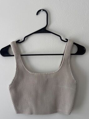 Babaton Ribbed Square-Neck Crop Tank - Beige